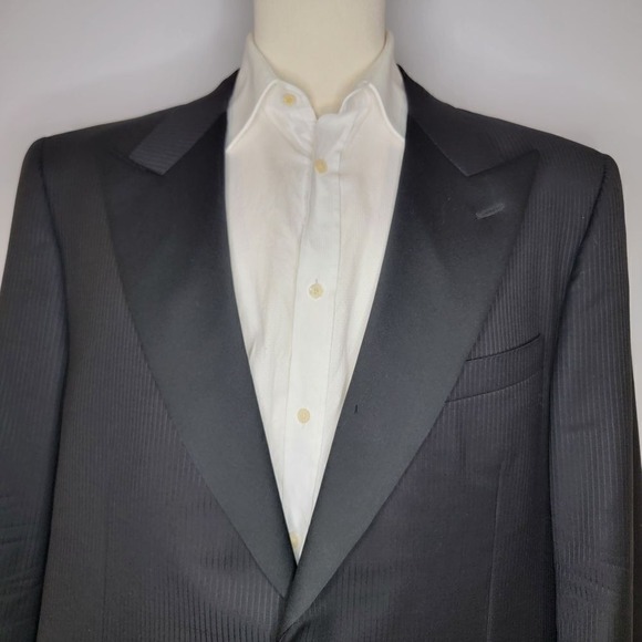 Peak Lapel Canali Black Suit $2,195 CANALI Micro Textured Black Wool Peak Lapel Tuxedo Suit 46R